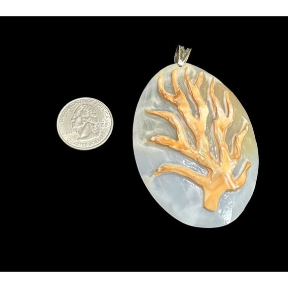 925 Italy Carved Coral Branch Cameo Pendant Artist Signed Mother of Pearl Dangle - Picture 6 of 7